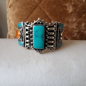 Genuine Turquoise Coral Copal Tibetan Cuff Bracelet